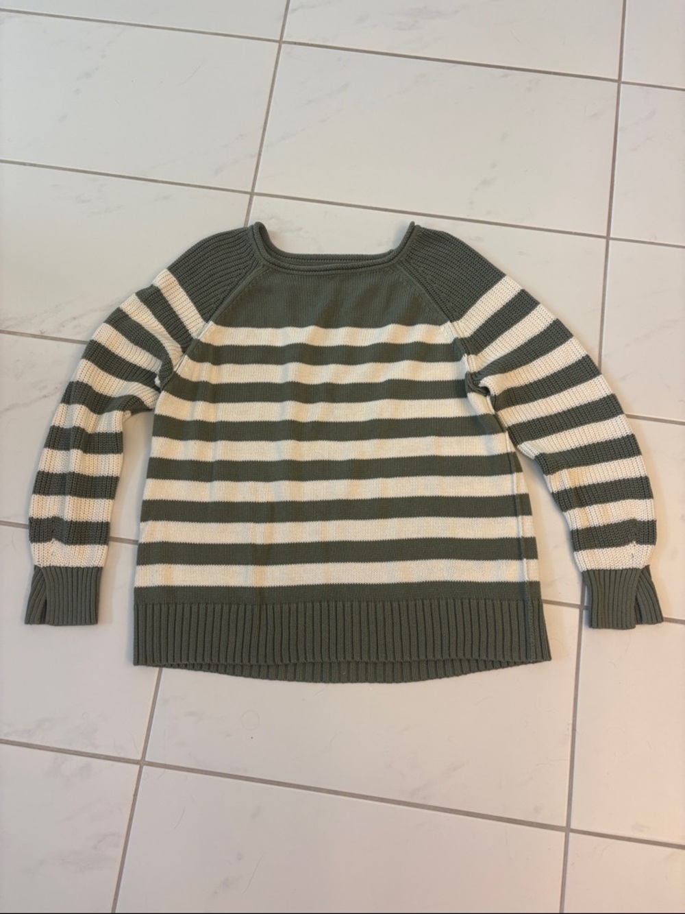 aerie Olive and Cream Striped Crewneck Sweater